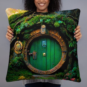 May include: A green door with a round frame, surrounded by moss and vines, set into a stone wall. The door has a rustic, wooden look and is surrounded by a lush, green forest.