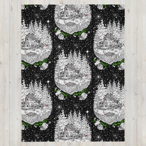 Könnte beinhalten: Eine Schwarzweißillustration einer winterlichen Waldszene mit einer kleinen Hütte auf einer schwebenden Insel. Der Hintergrund ist ein sternenübersäter Nachthimmel mit grün leuchtenden Akzenten. Das Muster wiederholt sich über das gesamte Bild.