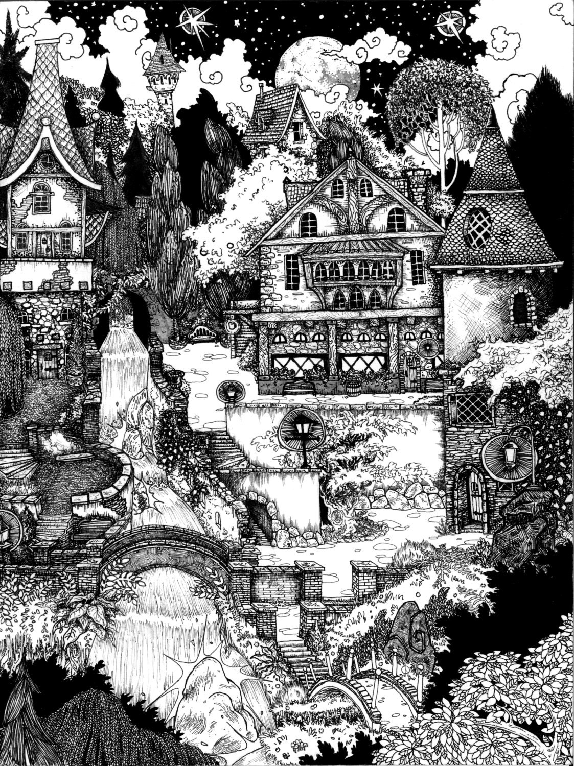Village Serene pen and ink signed illustration PRINT, various sizes available village at night with waterfall bridge forest stars and moon