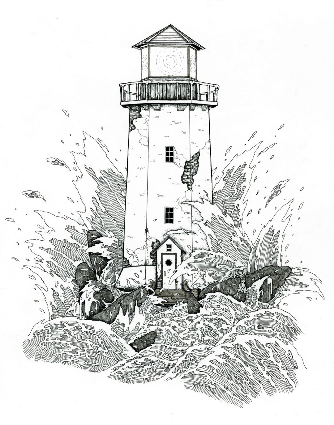 灯台ペンインクサイン入りイラストプリント。様々なサイズ。海景 灯台ペンインクサイン入りイラストプリント。様々なサイズ。海景