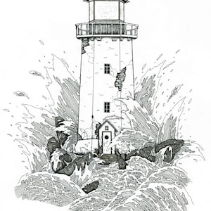 Lighthouse pen ink SIGNED Illustration PRINT. various sizes. Nautical seascape ocean shore island tempest waves landscape