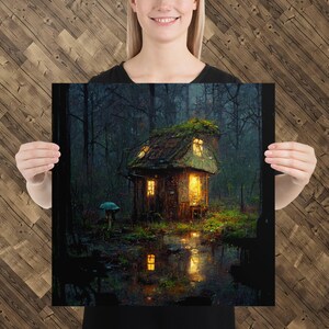 Shack Poster country forest landscape rain fantasy lamp light