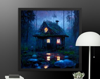 Warm Inside Framed Poster, Cabin in the woods rainy enchanted magical fantasy gloom twilight forest explore wander