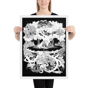 Yggdrasil Norse Viking Mythology Framed poster, pen ink illustration PRINT. Various sizes. World Tree, fantasy landscape giants elves humans
