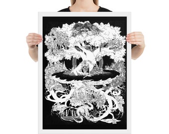 Yggdrasil nordischen Wikinger Mythologie gerahmt Poster, Feder Tinte Illustration Druck. Verschiedene Größen. Weltbaum, Fantasielandschaft Riesen elf Menschen