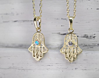 Hamsa Necklace 14K Gold Plated Symbolic Spiritual jewelry Lucky Charm Birthday / Holiday Gift For Her Opal Hamsa Hand Protection Necklace