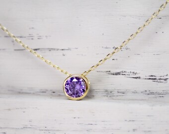 Purple Necklace 14K Gold Plated Cubic Zirconia Delicate Round Pendant Holiday Birthday Bridesmaids Wedding Gift For Her Sparkle Charm