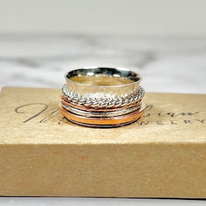 Sterling Silver Meditation Ring, Hammered Texture, Mixed Metal Spinner Ring, Anxiety Ring, Fidget Ring, Statement Ring