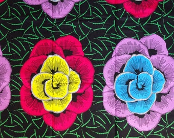 Large flower print fabric cotton black pink green African fabric by the yard floral African woven print fabric cotton material tribal wax