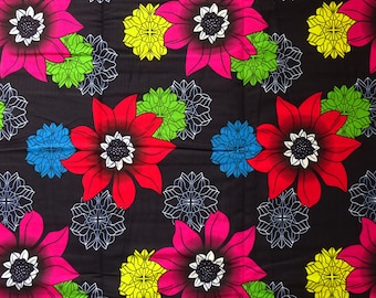 Floral African Wax Print Fabric: Black, Red, Pink Cotton Ankara Fabric
