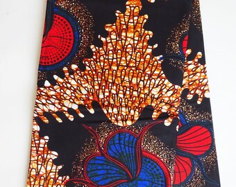 African print fabric by the yard, cotton material abstract design black brown red blue