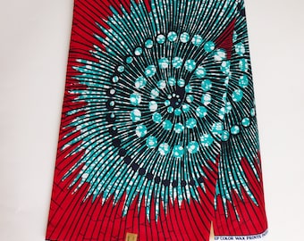 Red & Blue Circle African Wax Print Fabric - Ankara Cotton Material