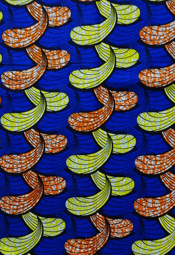 Tissu Wax Africain - Motif Bleu, Jaune, Orange - Polycoton, Vendu Au Mètre
