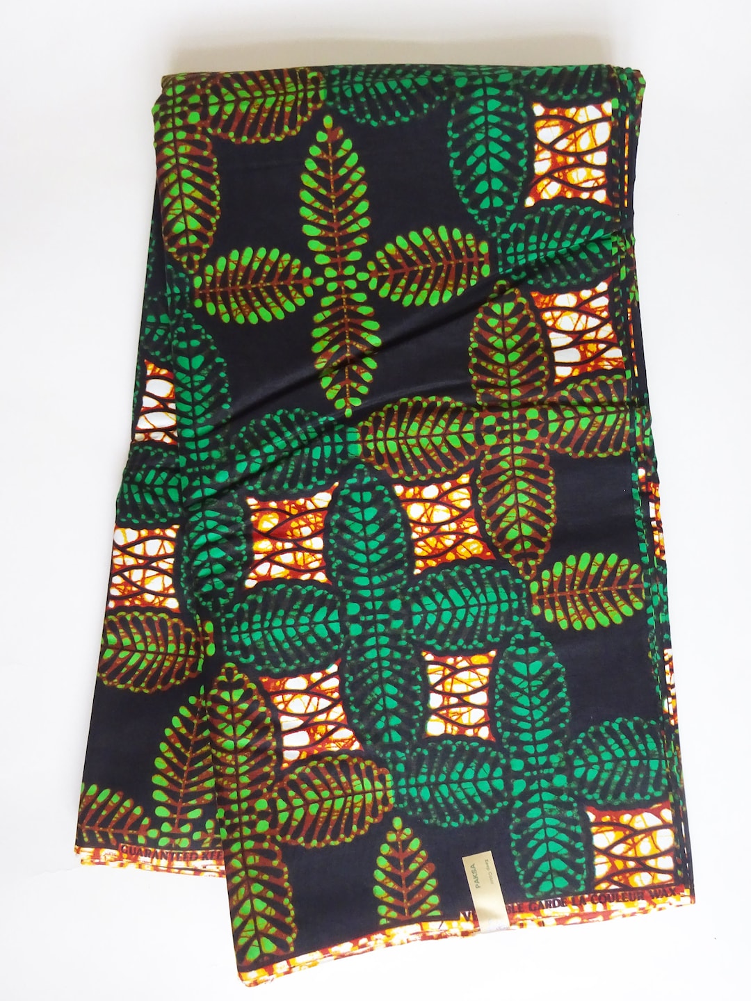 Leaves Africa Print Fabric by the Yard, Black Green Brown Wax Print