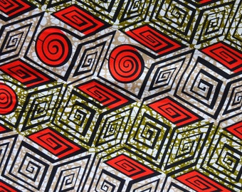 African fabric, cotton Africa wax print fabric by the yard, geometric print material brown red cubes abstract print per yards