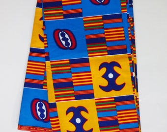 African fabric by the yard blue and yellow Kente Fabric African symbols print cotton cloth Ankara wax print fabric tribal Ghana material