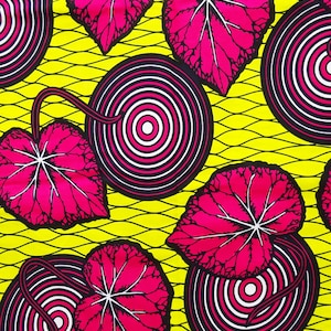 African material yellow pink cotton African fabric by the yards ankara fabric African wax print fabric cotton African cloth circles leaves