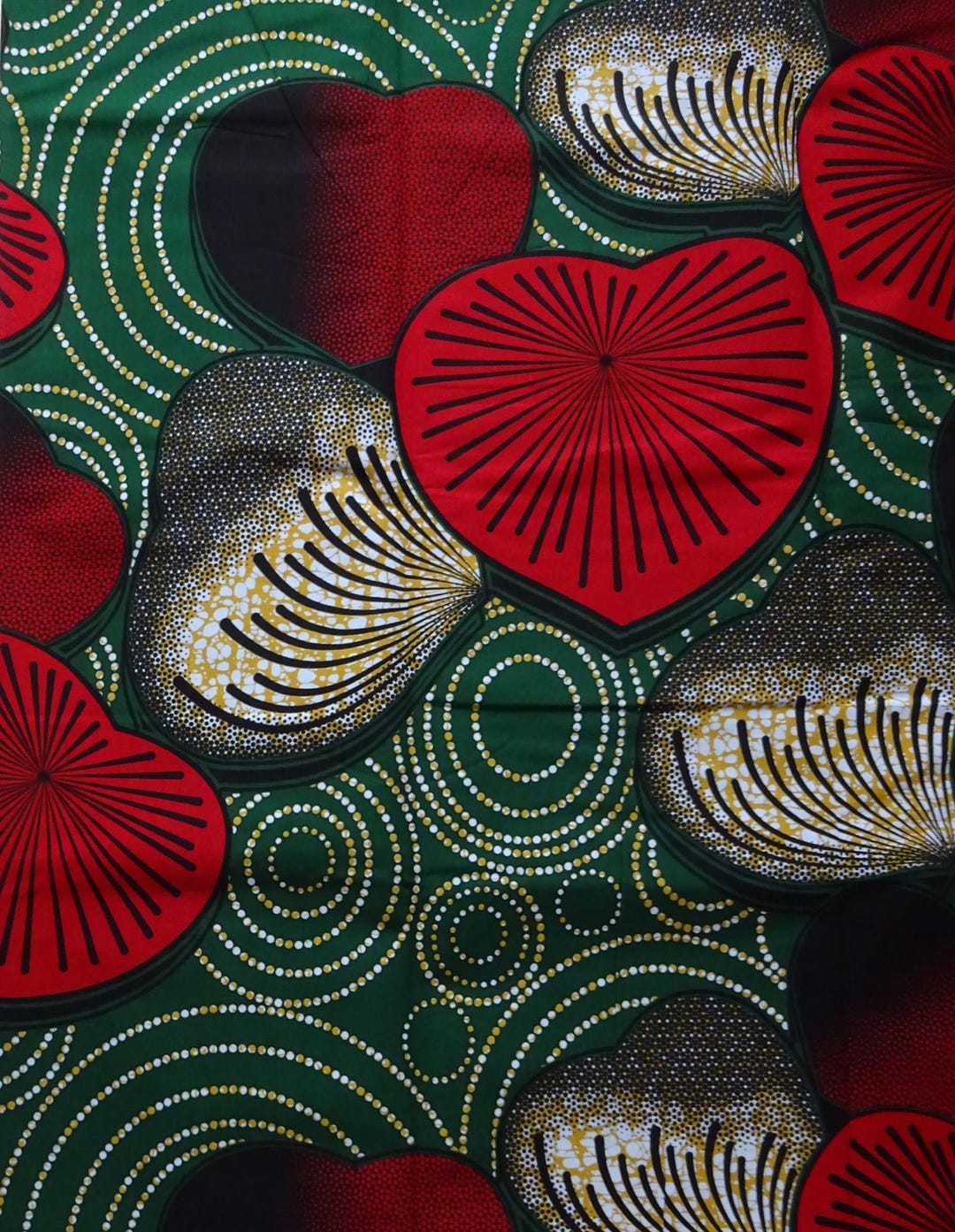Large Heart Print Cotton Fabric, African Ankara by the Yard Red Green ...