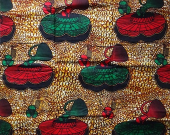 Brown green and red African fabric by the yard ankara African material, African wax print cotton fabric, Abstract print cotton fabric