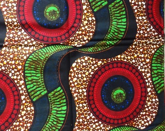 African Wax Print Cotton Fabric: Brown, Green, and Red Ankara Material