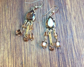 Vintage beige colored crystal chandelier earrings