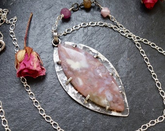 Rustic red moss agate pendant necklace | Large marquise shaped stone pendant boho jewellery handmade
