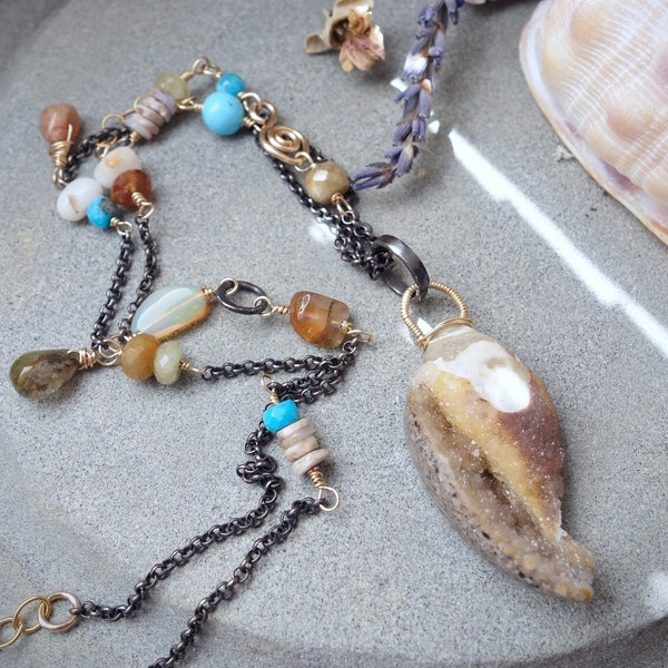 Mixed metal fossil gastropod pendant necklace artisan, Druzy snail necklace boho, Oxidized silver multi stones necklace ooak