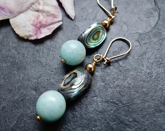 Elegant 14K gold-fill Abalone Shell Earrings  | Dangle golden MOP earrings | Lightweight Small Rainbow Shell Drop Earrings Handmade