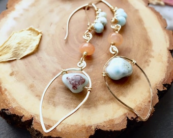 14K Gold Fill Larimar Leaf Earrings | Blue Gemstone Boho Dangle Jewelry