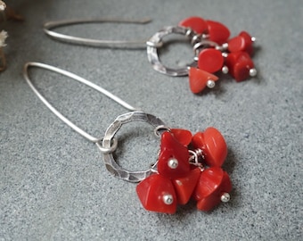 Red coral dangle earrings | Oxidized silver earrings handmade | Natural coral long threader boho earrings | Artisan unique red earrings