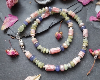 Handmade Gemstone Choker Necklace: Pink Opal, Tanzanite & Sterling Silver