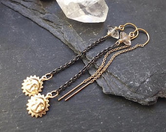 Herkimer Diamond Threader Earrings | Oxidized Silver, 14K Gold Sun Dangles