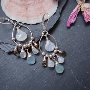 Boho style chandelier earrings artisan | Multi stone earrings in solid silver | Fancy feminine earrings rainbow moonstone