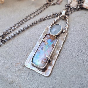 Rustic Australian opal artisan necklace, Rectangle bezel silver opal pendant, Boho necklace oxidized silver chain, Silver jewelry handmade