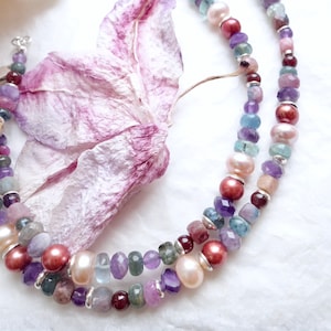 Multi stone beaded necklace | Colorful gemstone necklace | Purple pink statement necklace mixed pearls rainbow stones solid silver