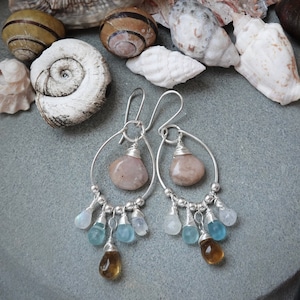 Pink opal dangle earrings artisan solid silver | Chandelier earrings boho mixed gemstone drops | Fancy statement earrings gemstone drops