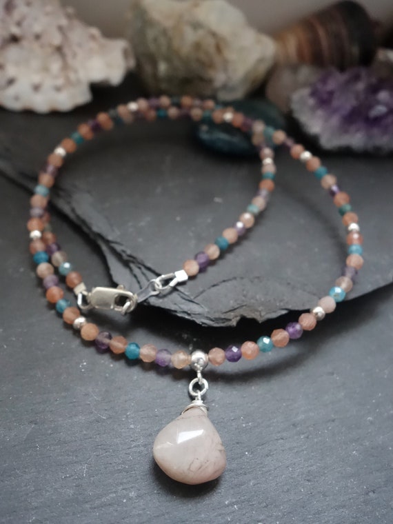 apatite mixed quartz in solid silver Colorful choker Pink opal pendant amethyst Multi gemstone beaded necklace sunstone