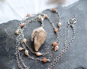 Druzy Fossil Shell Sterling Silver Necklace | Pearl & Moonstone Chain