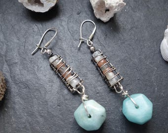 Amazonite drop silver earrings | Moonstone wrapped dangle earrings | Silver gemstone stick earrings | Rustic earrings oxidized jewelry