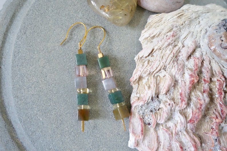 18K gold vermeil colorful gemstone Indian green agate stick earrings unique modern square beads