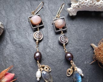 Mixed Metal Boho Earrings | Pink Opal, Pearls, Labrdorite, 14K Gold Fill, Sterling Silver