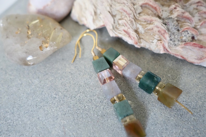 18K gold vermeil colorful gemstone Indian green agate stick earrings unique modern square beads