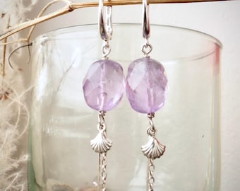 Amethyst Dangle Earrings | Sterling Silver, Shell Detail