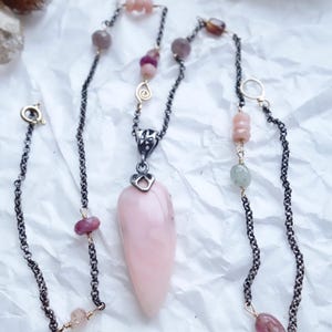 Pink opal pendant necklace | Mixed metal chain necklace pink stones | Boho layering necklace oxidized silver fancy chain tourmaline