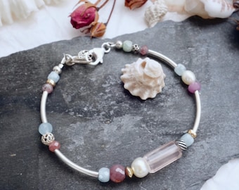 Rose Quartz Artisan Mixed Metal Silver Bracelet, Boho Style Statement Gemstone Bracelet Charms Silver Gold