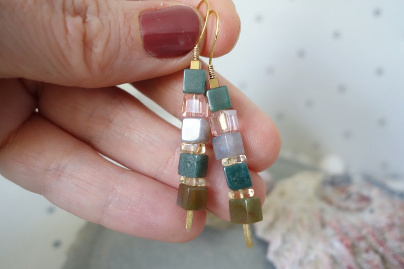18K gold vermeil colorful gemstone Indian green agate stick earrings unique modern square beads