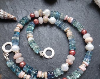 Blue Fluorite Gemstone Necklace: Pearls, Pink Opal, Sterling Silver Clasp