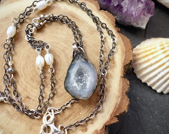 Mini Druzy Quartz Pendant Chain Necklace | Oxidized Chain, Pearls, Artisan Boho Style