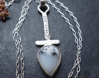 Sterling Silver Dendritic Agate Chain Necklace | Tear Drop white Black Stone Rustic Pendant