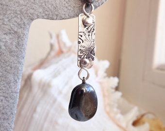Blackened Silver Mono Earring: Dangle Hematite Artisan Style